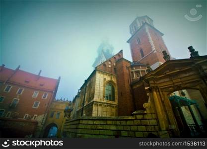 Church in fog. Basilica of Saints Stanislaus and Wenceslaus on Wawel, Cracow.