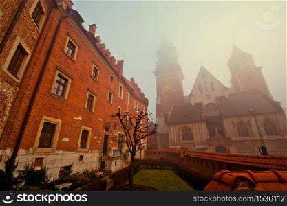 Church in the fog. The Royal Archcathedral Basilica of Saints Stanislaus and Wenceslaus on Wawel, Cracow, Poland.