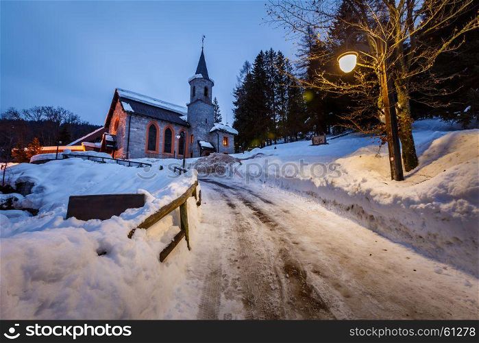 Church in the Village of Madonna di Campiglio in the Morning, Italian Alps, Italy