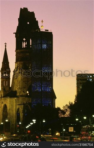 Church lit up at night, Kaiser Wilhelm Church, Berlin, Germany