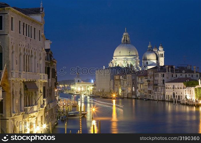 Church lit up at night, Santa Maria Della Salute, Grand Canal, Venice, Italy