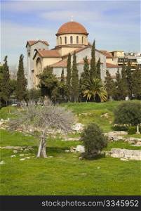 Church of Agia Triada (Holy Trinity) and remains of ancient cemetery in the Kerameikos Quarter of Athens (Greece).