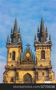 Church of Our Lady before Tyn in evening in Prague, Czech Republic. Church with towers height of 80 meters is a dominant feature of the Old Town of Prague.