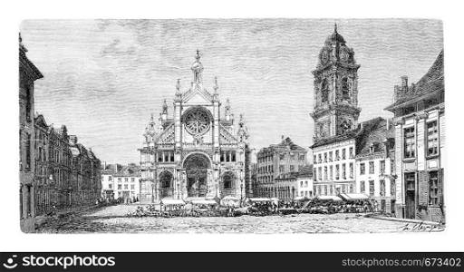 Church of Saint Catherine in Antwerp, Belgium, drawing by Clerget based on a photograph by Levy, vintage illustration. Le Tour du Monde, Travel Journal, 1881