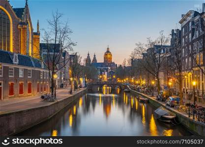 Church of Saint Nicholas in Amsterdam city at night.