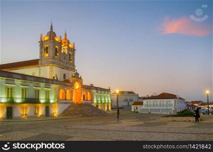 Church of Sanctuary of Our Lady at tilight. Nazare, Portugal