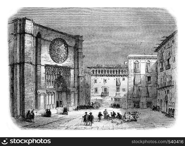 Church of Santa Maria del Pi, vintage engraved illustration. Magasin Pittoresque 1857.