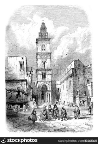 Church of St. Erasmus, in Gaeta, vintage engraved illustration. Magasin Pittoresque 1861.