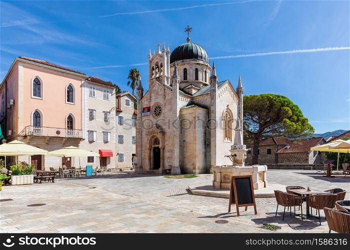 Church of St. Jerome and the square in Herceg Novi, Montenegro.. Church of St. Jerome and the square in Herceg Novi, Montenegro