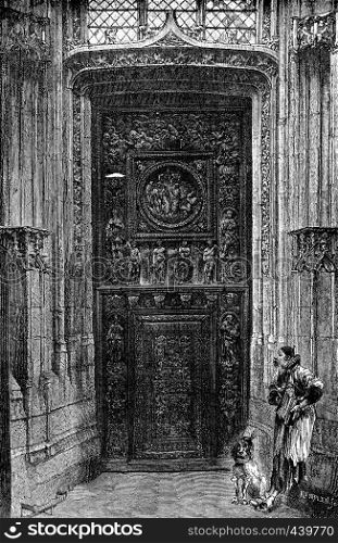 Church of St. Maclou. Door on the left side of the street Malpalu, vintage engraved illustration. Journal des Voyages, Travel Journal, (1880-81).