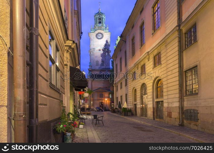 Church of St Nicholas, Stockholm Cathedral or Storkyrkan at night, Gamla Stan in Old Town of Stockholm, the capital of Sweden. Church Storkyrkan in Stockholm, Sweden