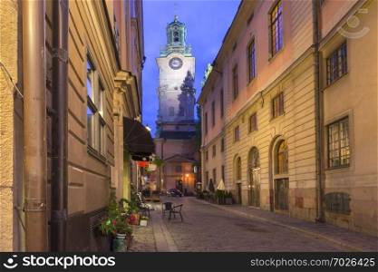 Church of St Nicholas, Stockholm Cathedral or Storkyrkan at night, Gamla Stan in Old Town of Stockholm, the capital of Sweden. Church Storkyrkan in Stockholm, Sweden