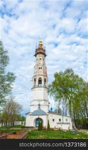 Church of the Holy Archangel Michael and the bodiless hosts in the village of Mikhailovskoye on the background of blue sky and white clouds, Ivanovo oblast, Russia.