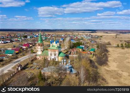 Church of the Nativity of the Blessed Virgin Mary in the village of Goritsy, Ivanovo Region, Russia aerial view.