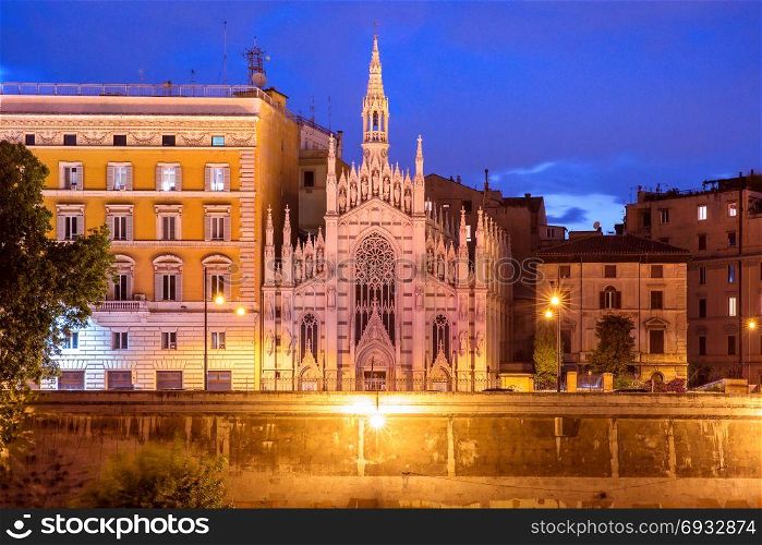 Church of the Sacred Heart in Prati, Rome, Italy. Tiber riverside with Church of the Sacred Heart of Jesus in Prati during evening blue hour in Rome, Italy