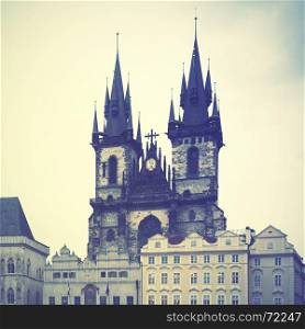 Church of Virgin Maria Before Tyn in Prague. Retro style filtred image