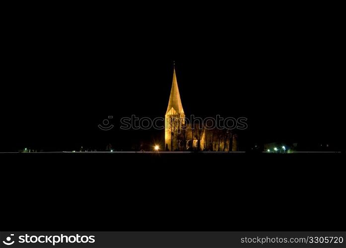 church of Wusterhusen, germany at night with copyspace