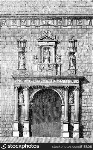 Church portal Aumale, vintage engraved illustration. Magasin Pittoresque 1844.