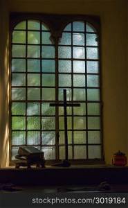 Church Stained-glass Window, The Holy Bible and Wooden Cross.. Church Stained-glass Window, The Holy Bible and Wooden Cross