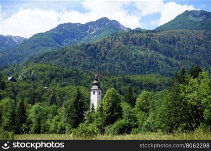 Church tower and forest in mountain near Bohinj lake in Slovenia