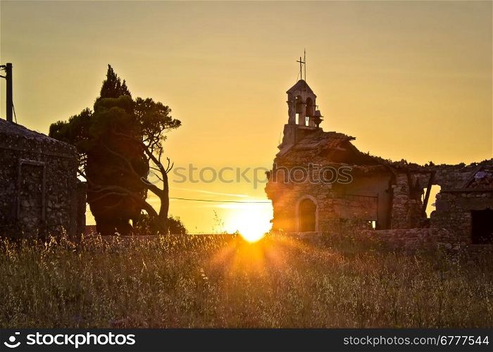 Church war ruins sunset in Dracevac, Zadar, Croatia