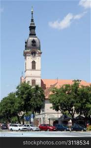 Church with clock tower in Sombor, Serbia