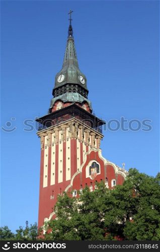 Church with clock tower in Subotica, Serbia
