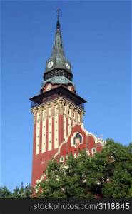 Church with clock tower in Subotica, Serbia