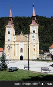 Church with two towers on the square in Pregrada, Croatia