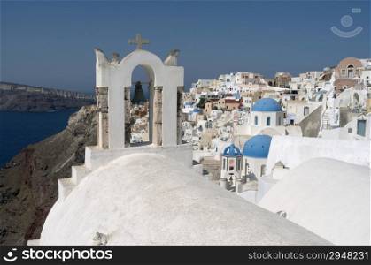 Churches in Oia on Santorini island in Greece.