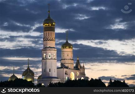 Churches of Moscow Kremlin Russia on dramatic sunset sky