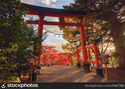 Chureito Pagoda Temple with red maple leaves or fall foliage in autumn season. Colorful trees, Fujiyoshida, Japan. Nature landscape background.