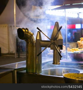 Churros and chocolate fritter typical food in Valencia Fallas fest at spain