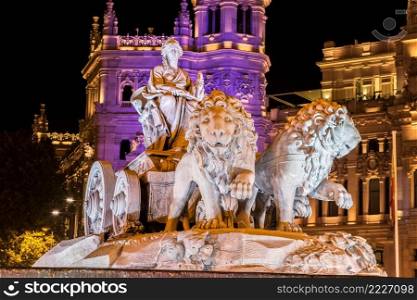 Cibeles fountain at Plaza de Cibeles in Madrid in a beautiful summer night, Spain