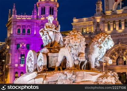 Cibeles fountain at Plaza de Cibeles in Madrid in a beautiful summer night, Spain