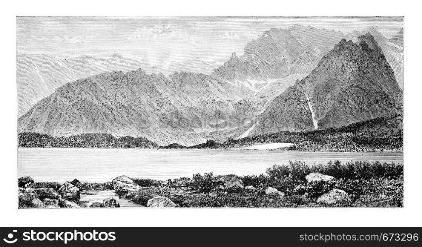 Cieszki Staw or Heavy Lake in Bohemia, Czech Republic, drawing by G. Vuillier, from a photograph, vintage engraved illustration. Le Tour du Monde, Travel Journal, 1881