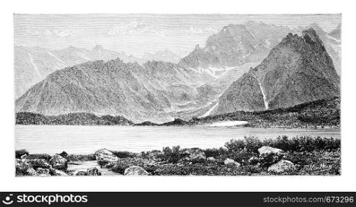 Cieszki Staw or Heavy Lake in Bohemia, Czech Republic, drawing by G. Vuillier, from a photograph, vintage engraved illustration. Le Tour du Monde, Travel Journal, 1881