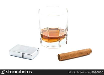 cigar, cognac and lighter on white background