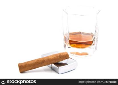cigar, cognac and metal lighter on white