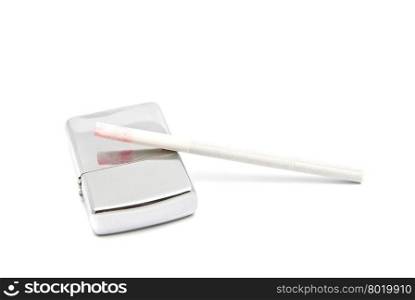 cigarette and metal lighter on white background