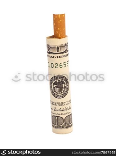 Cigarette and one hundred dollar bill on white background