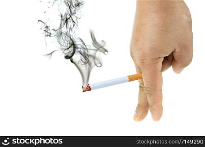 Cigarette burns with smoke in Men&rsquo;s hand at isolated white background