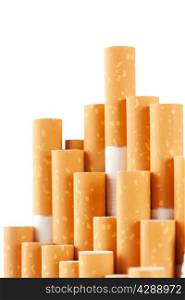 Cigarettes with the yellow filter on white background