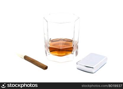 cigarillo, lighter and glass of cognac on white