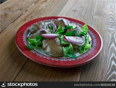 Ciger Tava or Arnavut Cigeri - Turkish Style Sauteed Liver with Red Onion, Parsley and Sumaz Piyaz Salad