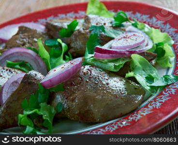 Ciger Tava or Arnavut Cigeri - Turkish Style Sauteed Liver with Red Onion, Parsley and Sumaz Piyaz Salad