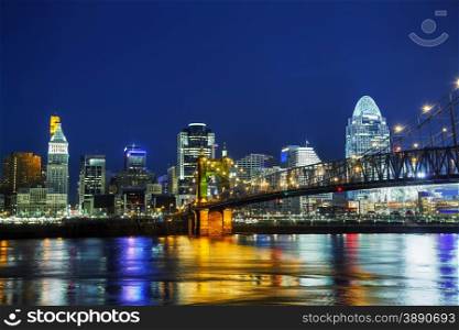 Cincinnati downtown overview early in the night