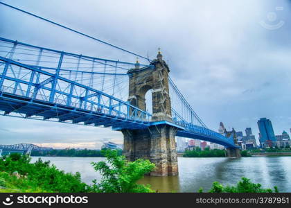 Cincinnati skyline. Image of Cincinnati skyline and historic John A. Roebling suspension bridge cross Ohio River.