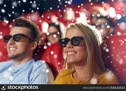 cinema, entertainment and people concept - happy friends or couple with 3d glasses watching movie in theater over snowflakes