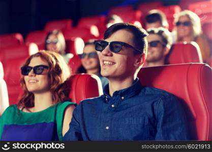 cinema, entertainment and people concept - happy friends with 3d glasses watching movie in theater